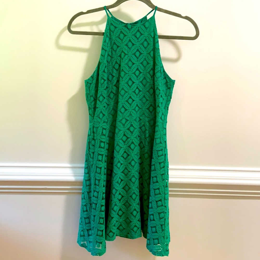 Green Lace Halter High Neck Dress